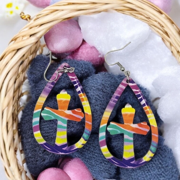 Wood Teardrop Drop Earrings With Cross In Multi Color - Picture 2 of 3